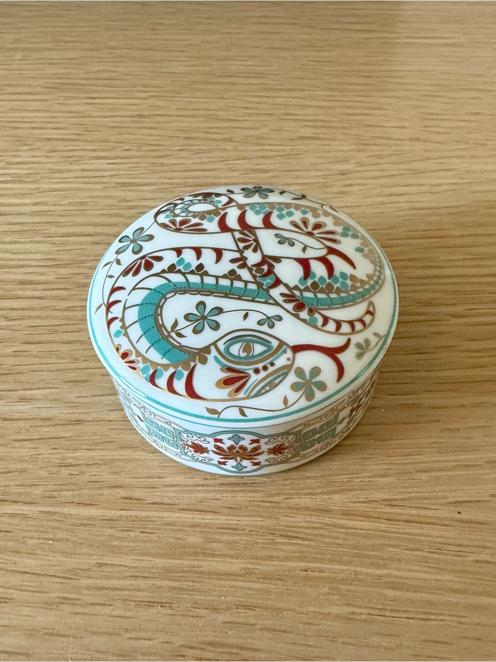 Tiffany & Co. White Ceramic Trinket Box with Turquoise and Red Accents